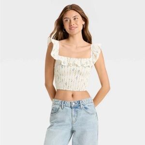 Wild Fable Cream Floral Ruffle Crop Top
